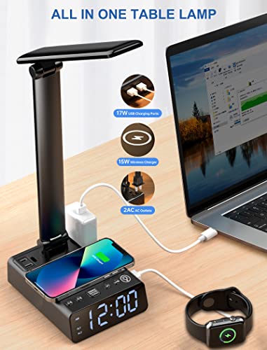 LED Desk Lamps with 15W Wireless Charger, 2 USB Charging Ports, 2 Outlets, 3 Brightness Level, Alarm Clock, Dimmable Eye Caring Reading Desk Light for Home Office dorm, Touch Control Table Lamp, Black