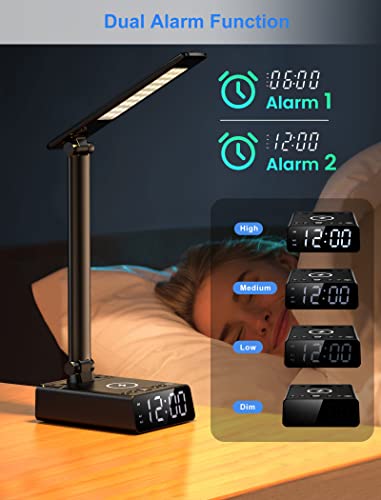 LED Desk Lamps with 15W Wireless Charger, 2 USB Charging Ports, 2 Outlets, 3 Brightness Level, Alarm Clock, Dimmable Eye Caring Reading Desk Light for Home Office dorm, Touch Control Table Lamp, Black