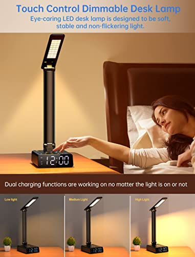 LED Desk Lamps with 15W Wireless Charger, 2 USB Charging Ports, 2 Outlets, 3 Brightness Level, Alarm Clock, Dimmable Eye Caring Reading Desk Light for Home Office dorm, Touch Control Table Lamp, Black