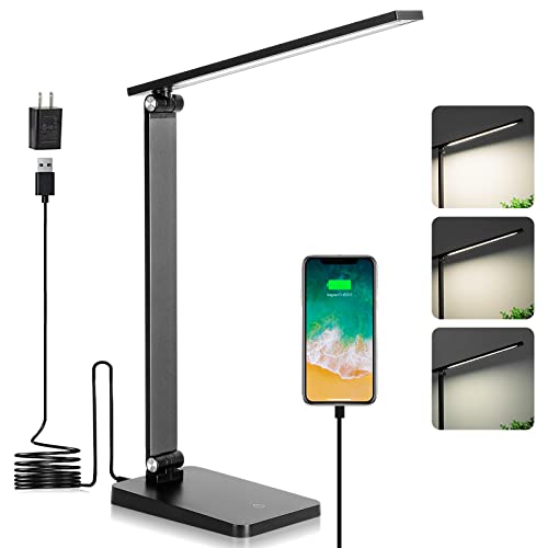 LED Desk Lamp, Desk Lamp with USB Charging Port, Desk Lamps for Home Office, 3 Brightness Level Desk Light, Eye Caring Natural Light Office Lamp, Touch Control Table Lamp for Reading, Study, 8W, 5000K