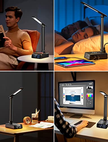 LED Desk Lamps with 15W Wireless Charger, 2 USB Charging Ports, 2 Outlets, 3 Brightness Level, Alarm Clock, Dimmable Eye Caring Reading Desk Light for Home Office dorm, Touch Control Table Lamp, Black