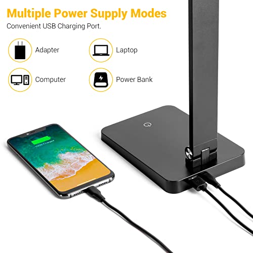 LED Desk Lamp, Desk Lamp with USB Charging Port, Desk Lamps for Home Office, 3 Brightness Level Desk Light, Eye Caring Natural Light Office Lamp, Touch Control Table Lamp for Reading, Study, 8W, 5000K