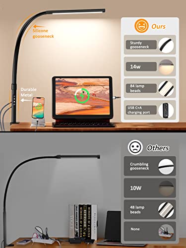 Desk Lamp for Home Office, Eye-Caring LED Desk Lamp with USB C+A Charging Port, Architect Desk Light 5 Lighting 5 Brightness, Flexible Gooseneck Clamp for Reading Study