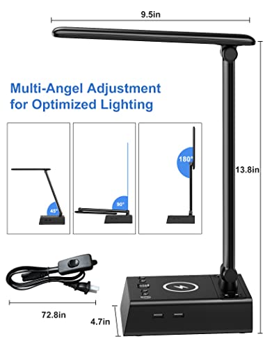 LED Desk Lamps with 15W Wireless Charger, 2 USB Charging Ports, 2 Outlets, 3 Brightness Level, Alarm Clock, Dimmable Eye Caring Reading Desk Light for Home Office dorm, Touch Control Table Lamp, Black