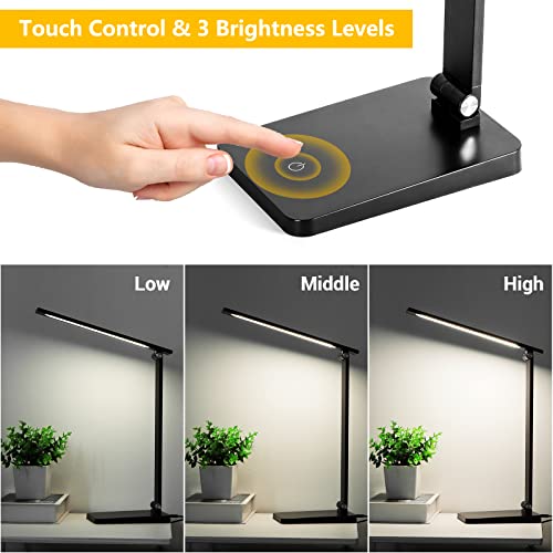 LED Desk Lamp, Desk Lamp with USB Charging Port, Desk Lamps for Home Office, 3 Brightness Level Desk Light, Eye Caring Natural Light Office Lamp, Touch Control Table Lamp for Reading, Study, 8W, 5000K