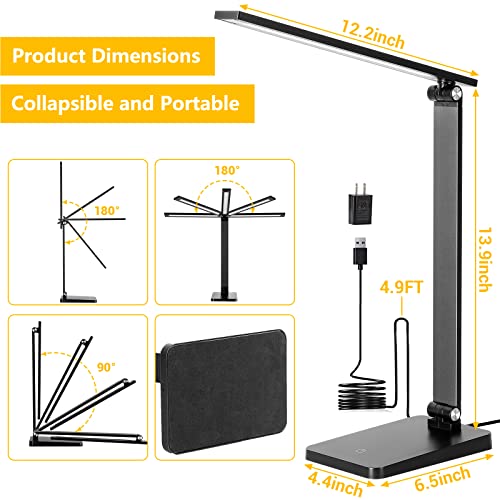 LED Desk Lamp, Desk Lamp with USB Charging Port, Desk Lamps for Home Office, 3 Brightness Level Desk Light, Eye Caring Natural Light Office Lamp, Touch Control Table Lamp for Reading, Study, 8W, 5000K