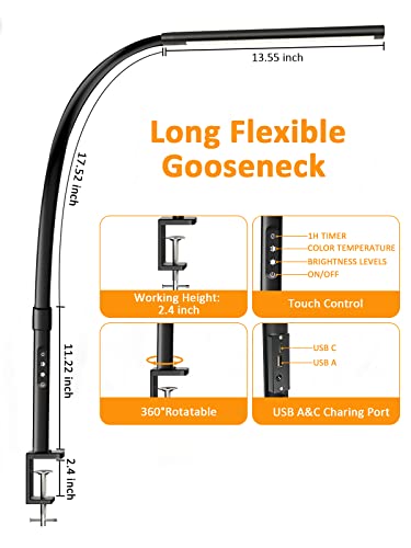 Desk Lamp for Home Office, Eye-Caring LED Desk Lamp with USB C+A Charging Port, Architect Desk Light 5 Lighting 5 Brightness, Flexible Gooseneck Clamp for Reading Study