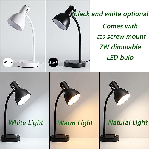 chaotack Black Metal Flexible Gooseneck Desk Lamp for Home Office Bedroom Study, Eye-Caring Knob Switch Reading Light Table Lamp,Bring a Free 7W Dimmable LED Bulb,UL Certified Wire and Base 5.9x18.3in