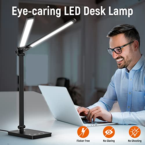 Adjustable Foldable Desk Lamp for Home Office - Double Swing Arm Bright LED Desk Light, Eye-Caring Architect Task Lamp, Touch Control Desktop Lamp Dimmable Table Desk Light for Work/Study/Craft