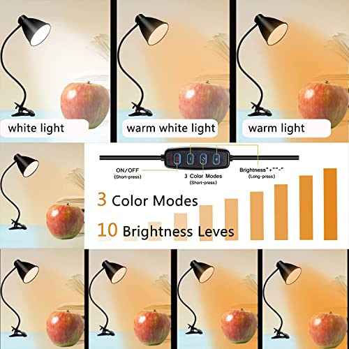 LED Clamp Desk Lamp, Clip on Light Reading Lights, 10W 38 LEDs,3 Color Modes , 10 Brightness Dimmer, 360° Flexible Gooseneck,Eye Protection Desk Light ,3000-6500K Adjustable Color Temperature.Black