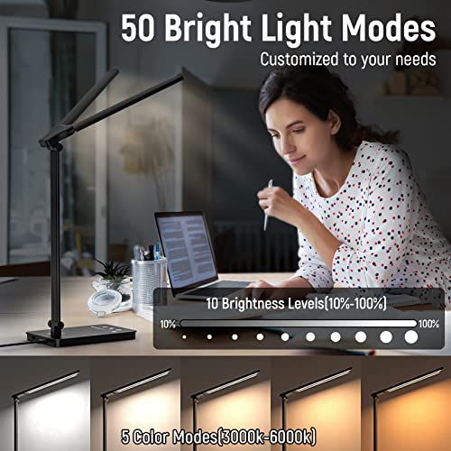 Adjustable Foldable Desk Lamp for Home Office - Double Swing Arm Bright LED Desk Light, Eye-Caring Architect Task Lamp, Touch Control Desktop Lamp Dimmable Table Desk Light for Work/Study/Craft