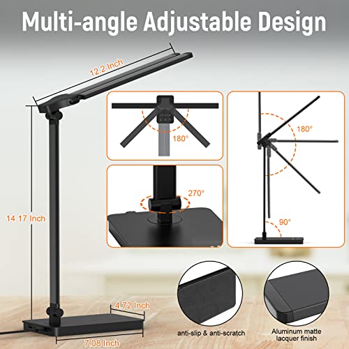 Adjustable Foldable Desk Lamp for Home Office - Double Swing Arm Bright LED Desk Light, Eye-Caring Architect Task Lamp, Touch Control Desktop Lamp Dimmable Table Desk Light for Work/Study/Craft