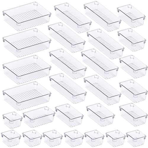 Kootek 28 Pcs Drawer Organizer, 4 Sizes Bathroom Drawer Organizers Trays Clear Plastic Makeup Organizer Vanity Dividers Desk Storage Bins for Jewelry, Kitchen, Bedroom, Office