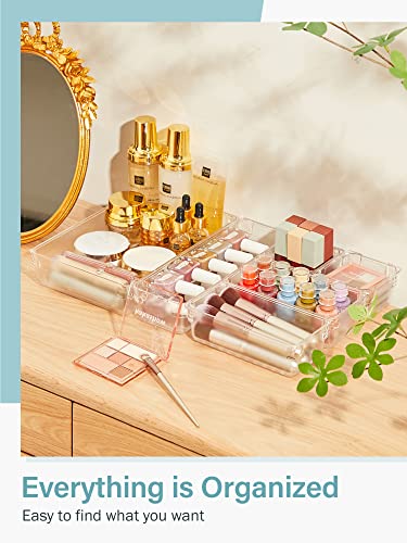 Kootek 28 Pcs Drawer Organizer, 4 Sizes Bathroom Drawer Organizers Trays Clear Plastic Makeup Organizer Vanity Dividers Desk Storage Bins for Jewelry, Kitchen, Bedroom, Office