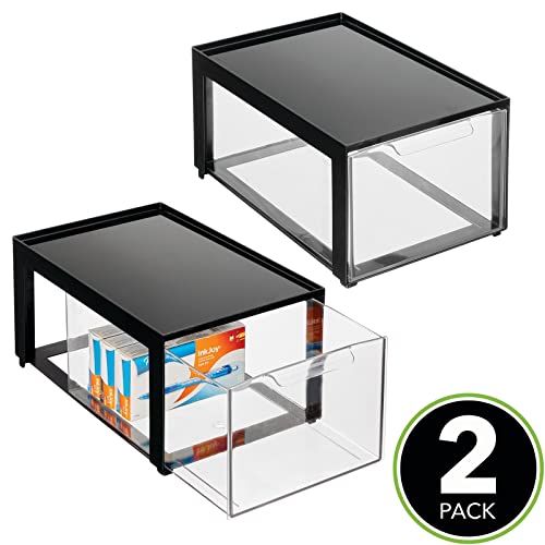 mDesign Plastic Stackable Office Storage Organizer Bin with Pull Out Drawer for Cabinet, Desk, Shelf, Cupboard, Cabinet, or Closet Organization - Lumiere Collection - 2 Pack - Black/Clear