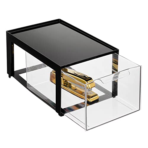 mDesign Plastic Stackable Office Storage Organizer Bin with Pull Out Drawer for Cabinet, Desk, Shelf, Cupboard, Cabinet, or Closet Organization - Lumiere Collection - 2 Pack - Black/Clear