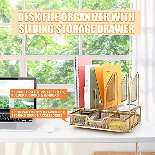 Beiz Gold Desk Organizer and Accessories Storage with 5 Vertical File Folder Holders, Paper Tray, Drawer for Women Office, Home, Dorm, Workspace to Collect Office Supplies
