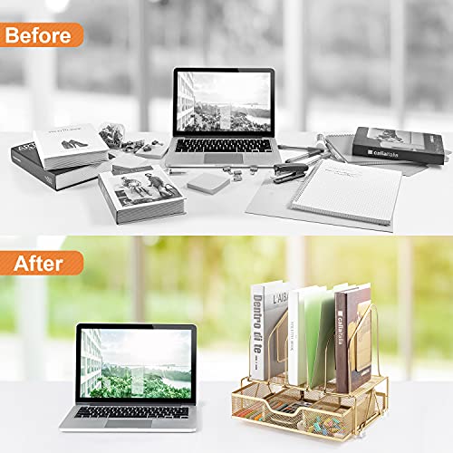 Beiz Gold Desk Organizer and Accessories Storage with 5 Vertical File Folder Holders, Paper Tray, Drawer for Women Office, Home, Dorm, Workspace to Collect Office Supplies