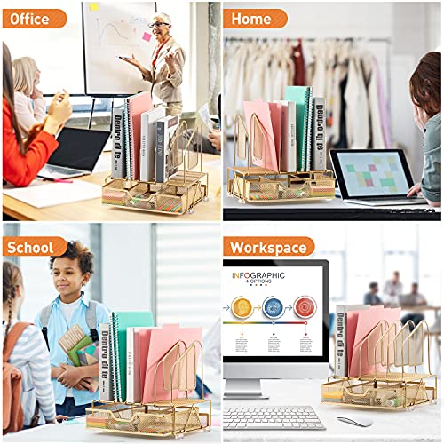 Beiz Gold Desk Organizer and Accessories Storage with 5 Vertical File Folder Holders, Paper Tray, Drawer for Women Office, Home, Dorm, Workspace to Collect Office Supplies
