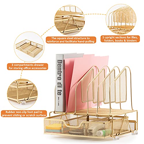 Beiz Gold Desk Organizer and Accessories Storage with 5 Vertical File Folder Holders, Paper Tray, Drawer for Women Office, Home, Dorm, Workspace to Collect Office Supplies