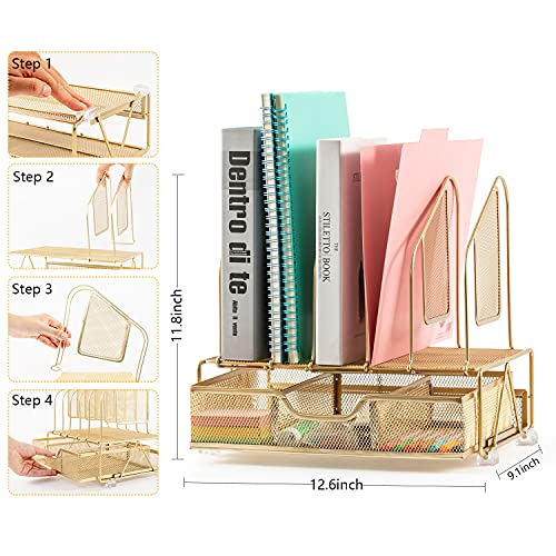 Beiz Gold Desk Organizer and Accessories Storage with 5 Vertical File Folder Holders, Paper Tray, Drawer for Women Office, Home, Dorm, Workspace to Collect Office Supplies