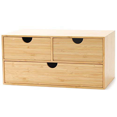 Wisuce 100% Original Bamboo Desk Organizer - Mini Bamboo Desk Drawer Tabletop Storage Organization Box for Office Home Toiletries Supplies, No Assembly Required (3 Drawer)