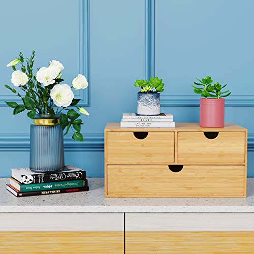 Wisuce 100% Original Bamboo Desk Organizer - Mini Bamboo Desk Drawer Tabletop Storage Organization Box for Office Home Toiletries Supplies, No Assembly Required (3 Drawer)