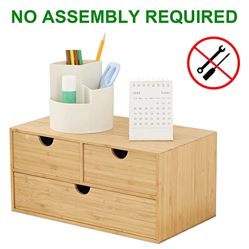 Wisuce 100% Original Bamboo Desk Organizer - Mini Bamboo Desk Drawer Tabletop Storage Organization Box for Office Home Toiletries Supplies, No Assembly Required (3 Drawer)