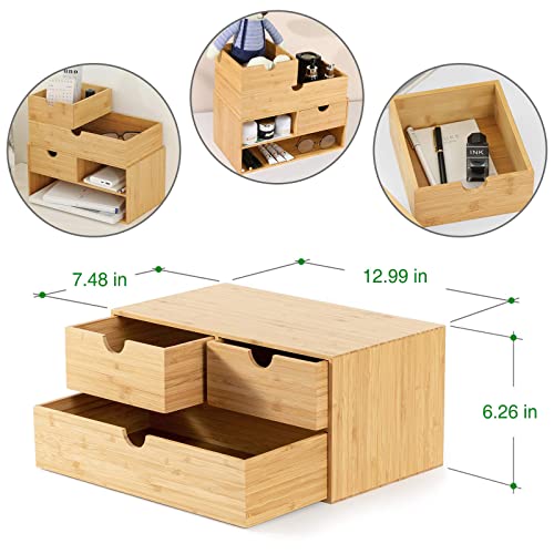 Wisuce 100% Original Bamboo Desk Organizer - Mini Bamboo Desk Drawer Tabletop Storage Organization Box for Office Home Toiletries Supplies, No Assembly Required (3 Drawer)