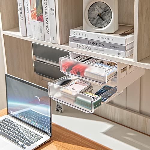 submatches Under Desk Drawer Organizer Slide Out, Hidden Self- adhesive Drawer with 2 Layers for Office/Classroom/Home, White