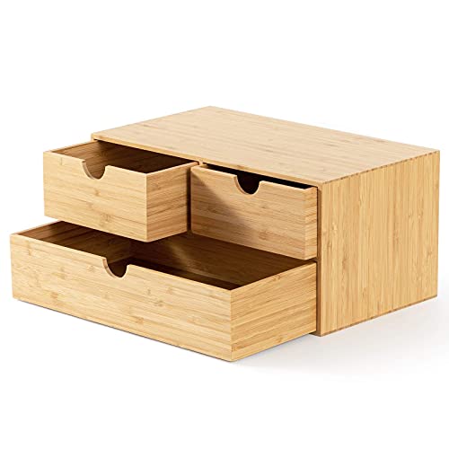 Wisuce 100% Original Bamboo Desk Organizer - Mini Bamboo Desk Drawer Tabletop Storage Organization Box for Office Home Toiletries Supplies, No Assembly Required (3 Drawer)