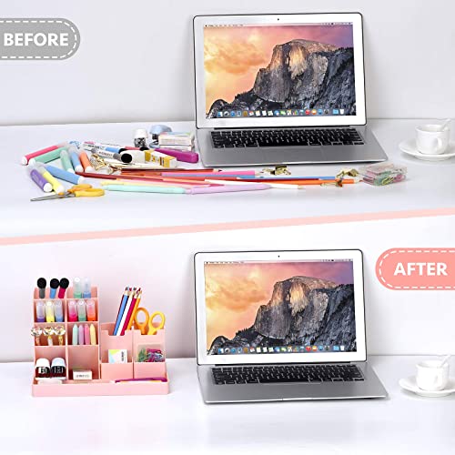 Cute Vertical Pen Organizer, Kawaii Desk Organizer Pen Holder Stationery, Marker Pencil Storage Caddy Tray for Office, School, Home & Art Supplies - Pink