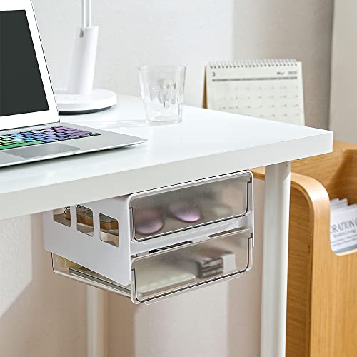 submatches Under Desk Drawer Organizer Slide Out, Hidden Self- adhesive Drawer with 2 Layers for Office/Classroom/Home, White
