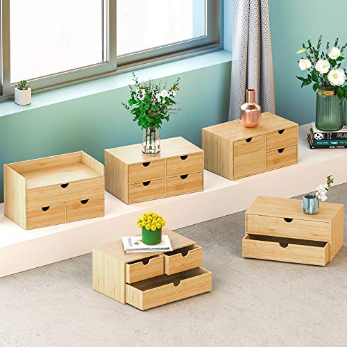 Wisuce 100% Original Bamboo Desk Organizer - Mini Bamboo Desk Drawer Tabletop Storage Organization Box for Office Home Toiletries Supplies, No Assembly Required (3 Drawer)