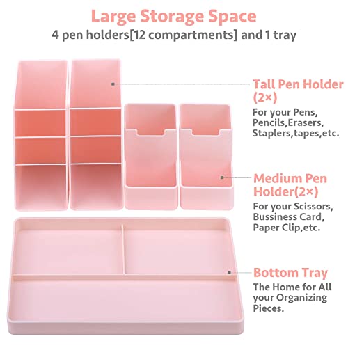 Cute Vertical Pen Organizer, Kawaii Desk Organizer Pen Holder Stationery, Marker Pencil Storage Caddy Tray for Office, School, Home & Art Supplies - Pink