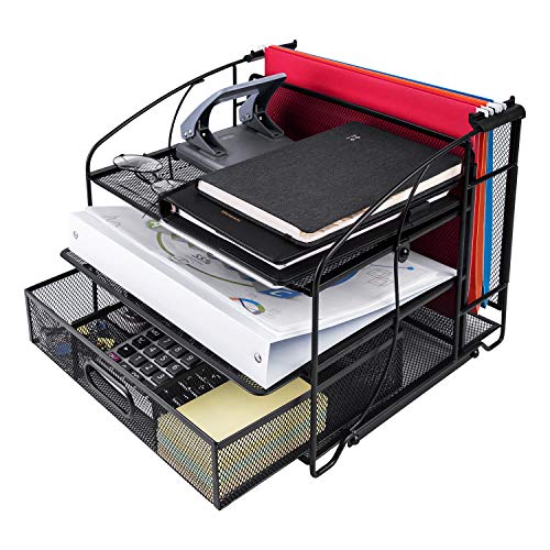 Amazon Basics Rectangular Desk Organizer 3 Tray w/Sliding Drawer and Hanging File Holder, Black