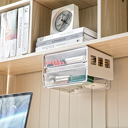 submatches Under Desk Drawer Organizer Slide Out, Hidden Self- adhesive Drawer with 2 Layers for Office/Classroom/Home, White
