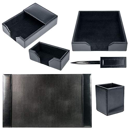 Dacasso Wood & Leather Set Luxury Leather Desk Pad & Desk Organization Essentials, 6 Piece, Black