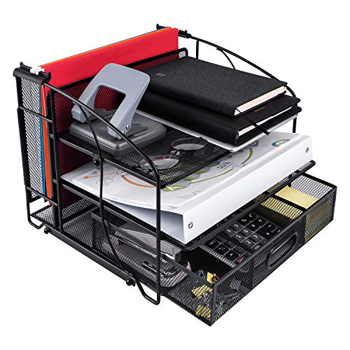 Amazon Basics Rectangular Desk Organizer 3 Tray w/Sliding Drawer and Hanging File Holder, Black