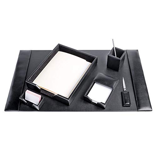 Dacasso Wood & Leather Set Luxury Leather Desk Pad & Desk Organization Essentials, 6 Piece, Black