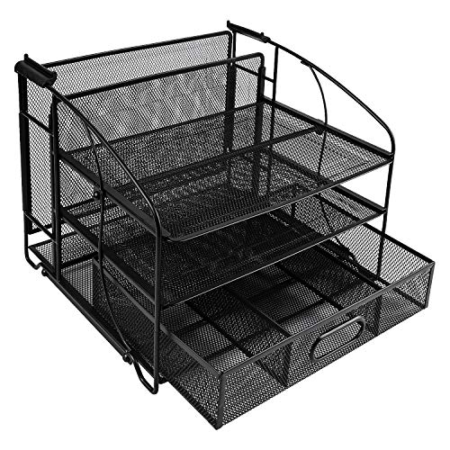 Amazon Basics Rectangular Desk Organizer 3 Tray w/Sliding Drawer and Hanging File Holder, Black