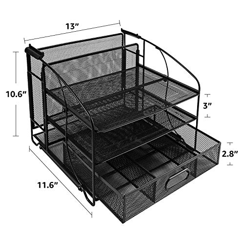 Amazon Basics Rectangular Desk Organizer 3 Tray w/Sliding Drawer and Hanging File Holder, Black