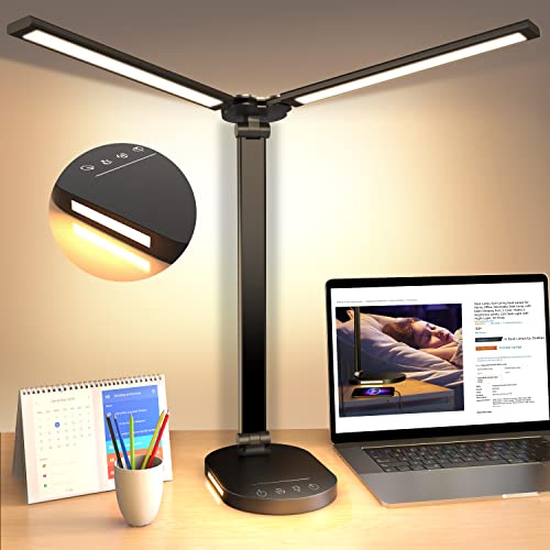 Desk Lamp, Double Head Desk Lamps for Home Office, Dimmable Desk Lamp with USB Charging Port, 5 Color Modes 5 Brightness Levels, LED Desk Light with Night Light, 1H Timer