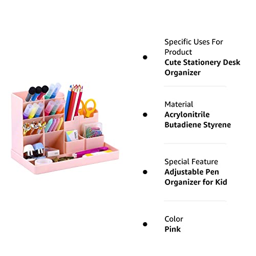 Cute Vertical Pen Organizer, Kawaii Desk Organizer Pen Holder Stationery, Marker Pencil Storage Caddy Tray for Office, School, Home & Art Supplies - Pink
