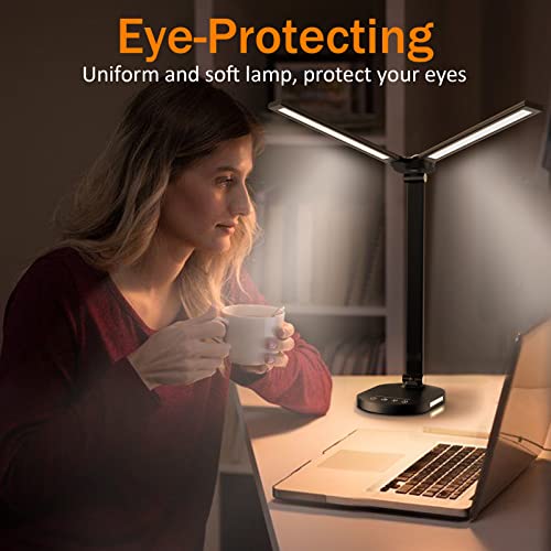 Desk Lamp, Double Head Desk Lamps for Home Office, Dimmable Desk Lamp with USB Charging Port, 5 Color Modes 5 Brightness Levels, LED Desk Light with Night Light, 1H Timer