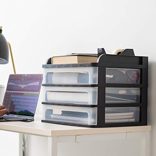 IRIS USA Medium 3-Drawer Desktop Organizer with Open Tray Top, for Office, School, Stationary, Makeup Organizer, Bathroom, Utility, Medical Supplies, Desk Organizer, Versatile Storage, Black