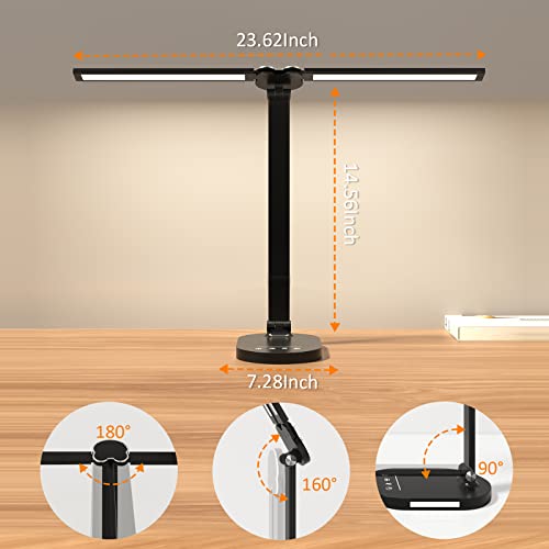 Desk Lamp, Double Head Desk Lamps for Home Office, Dimmable Desk Lamp with USB Charging Port, 5 Color Modes 5 Brightness Levels, LED Desk Light with Night Light, 1H Timer
