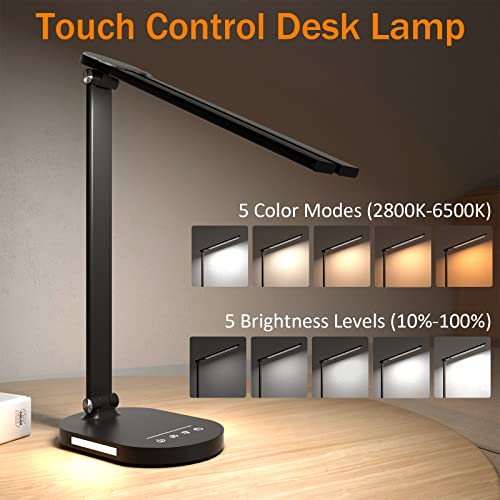 Desk Lamp, Double Head Desk Lamps for Home Office, Dimmable Desk Lamp with USB Charging Port, 5 Color Modes 5 Brightness Levels, LED Desk Light with Night Light, 1H Timer