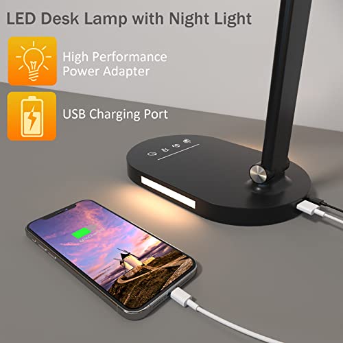 Desk Lamp, Double Head Desk Lamps for Home Office, Dimmable Desk Lamp with USB Charging Port, 5 Color Modes 5 Brightness Levels, LED Desk Light with Night Light, 1H Timer