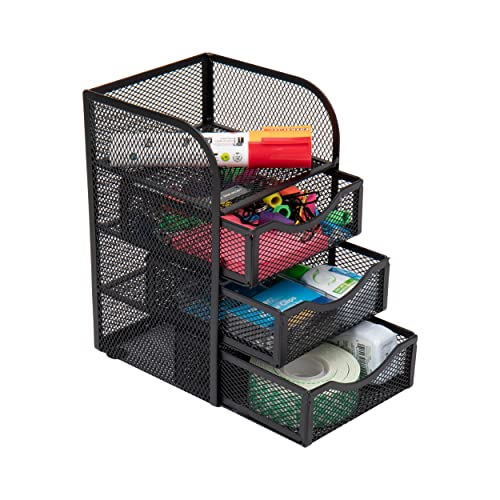 Mind Reader Mini Desk Supplies Office Supplies Organizer, 3 Drawers, 1 Top Shelf, Black